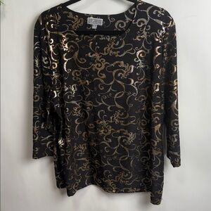 JM Collection Elegant Black and Gold Swirl Blouse